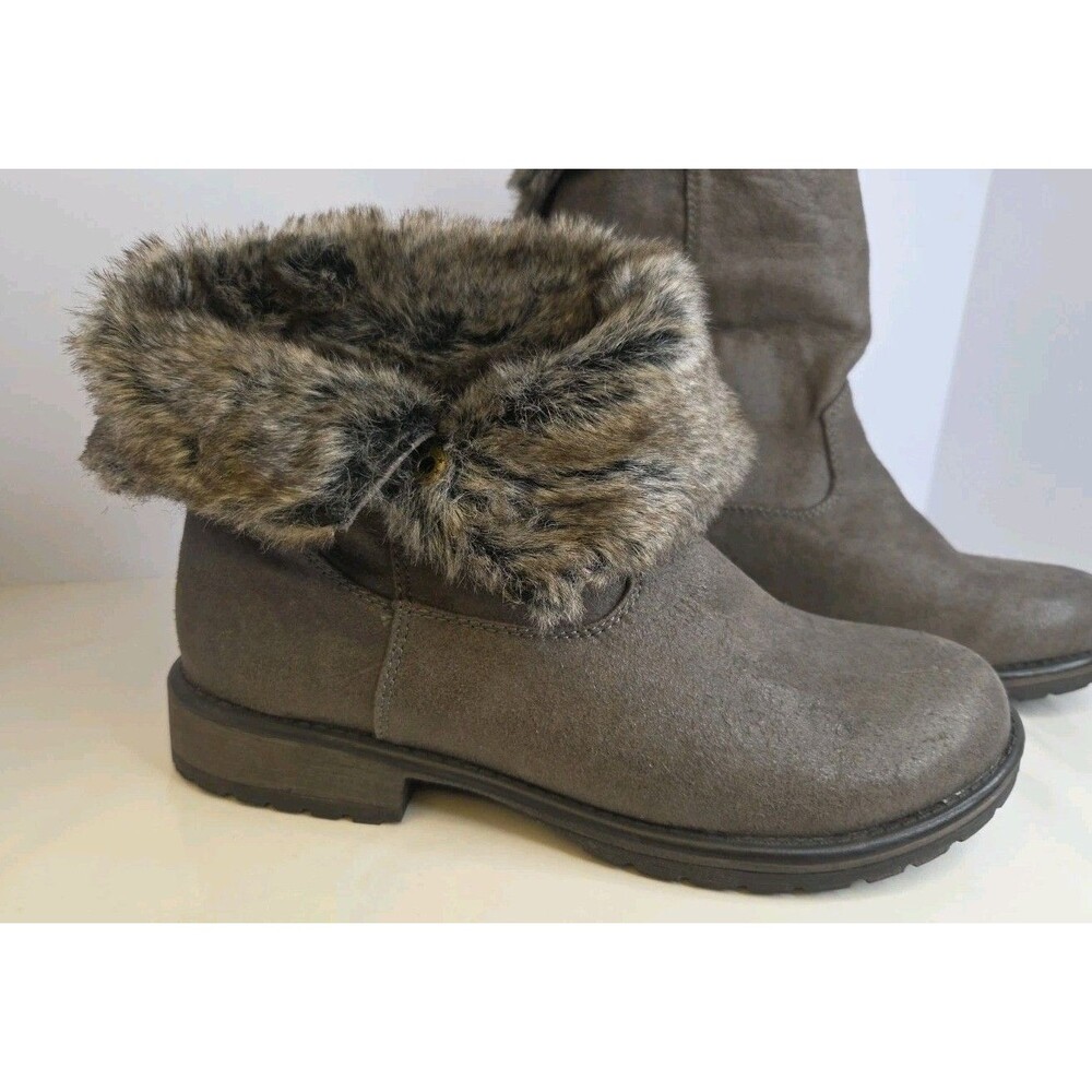 Candie's Cahoot Gray Boots Brown Faux Rabbit Fur Lined Fold Down Cuff Snaps 9.5